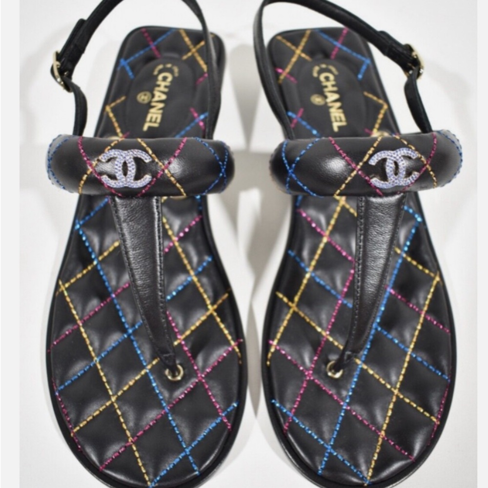 CHANEL womens CC logo sandal 36.5 lambskin leather with multi color threads, NWT